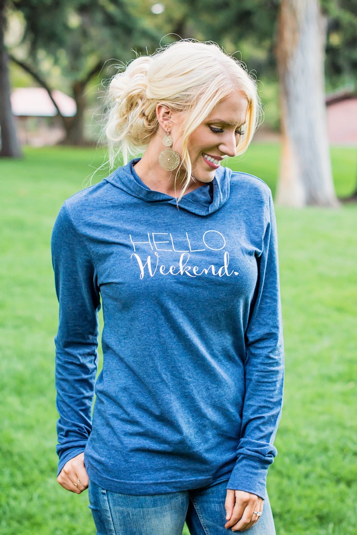 HELLO WEEKEND NAVY BLUE HEATHERED HOODED PULLOVER TOP LONG SLEEVE - 9